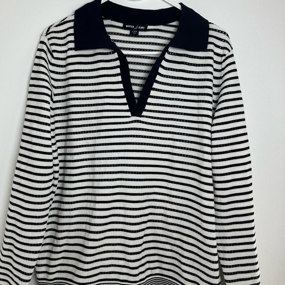 Nautica Women's Long Sleeve Striped Johnny Collar Pointelle Stitch. Size Large - Picture 3 of 10